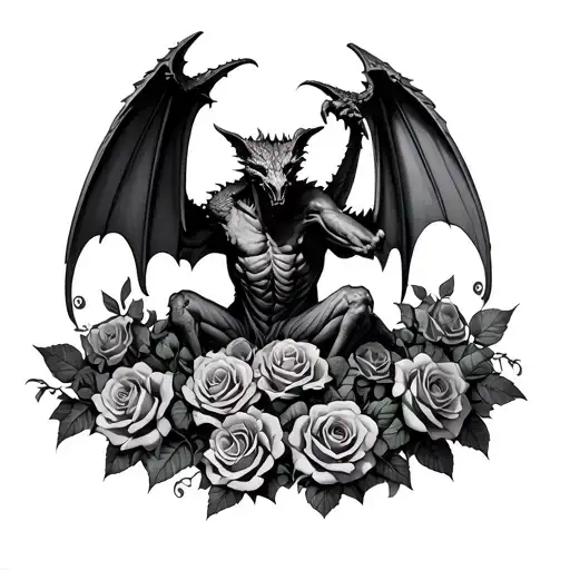 gothic gargoyle standing on a bed of roses tattoo design idea