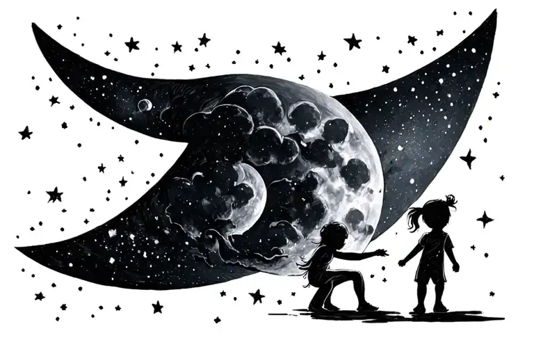 crescent moon with two kids playing tattoo design idea