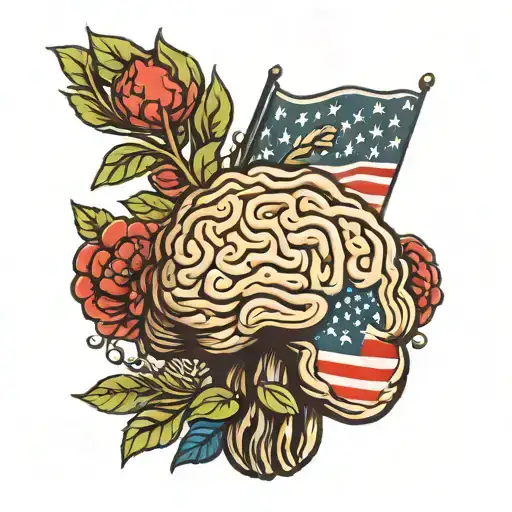 A new-school design featuring a stylized brain with intricate patterns and textures, surrounded by elements of nature and the American flag, symbolizing the importance of mental health and self-care for veterans tattoo design idea