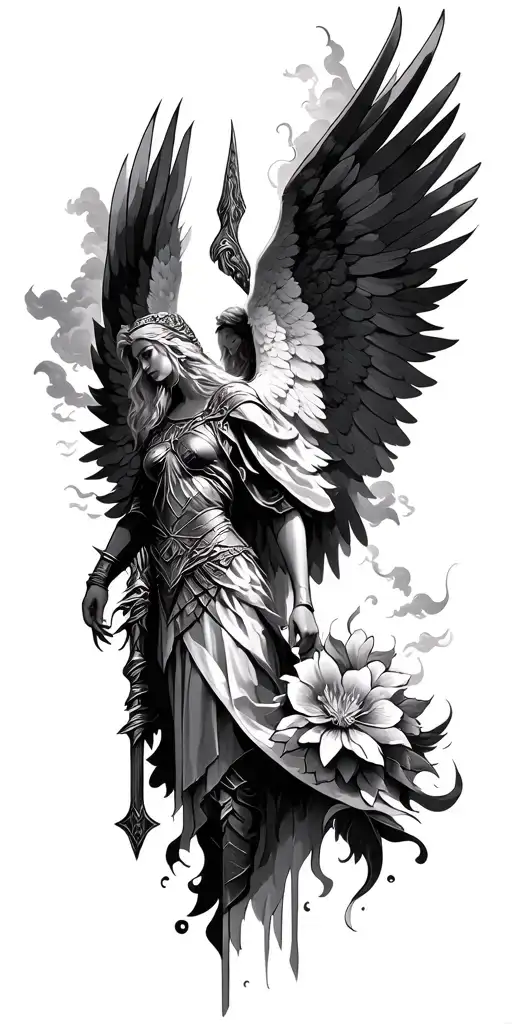 Meaningful warrior angel, Norse Valkyrie, clouds, rays, floral, after battle tattoo design idea