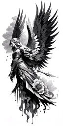 Meaningful warrior angel, Norse Valkyrie, clouds, rays, floral, after battle tattoo design idea