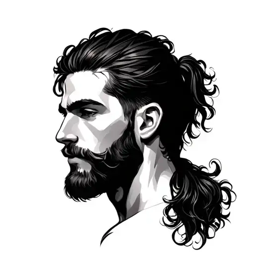 short beard man ponytail looking left curly no mustache tattoo design idea
