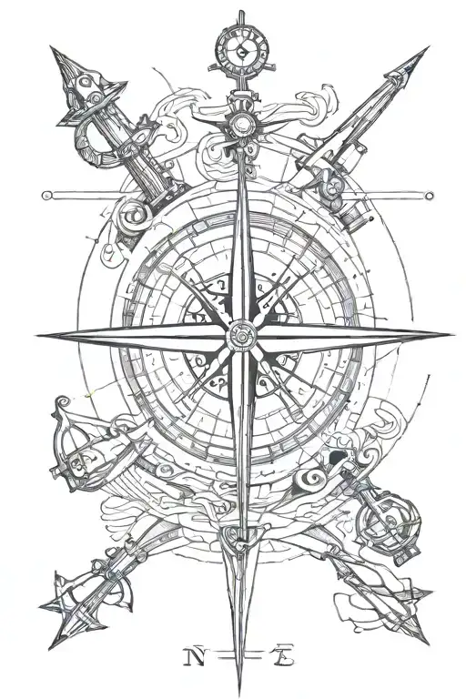 compass with a trident below, a submarine, an anchor with coordinates tattoo design idea