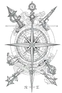 compass with a trident below, a submarine, an anchor with coordinates tattoo design idea