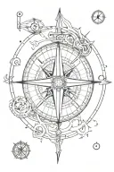 compass with a trident below, a submarine, an anchor with coordinates tattoo design idea