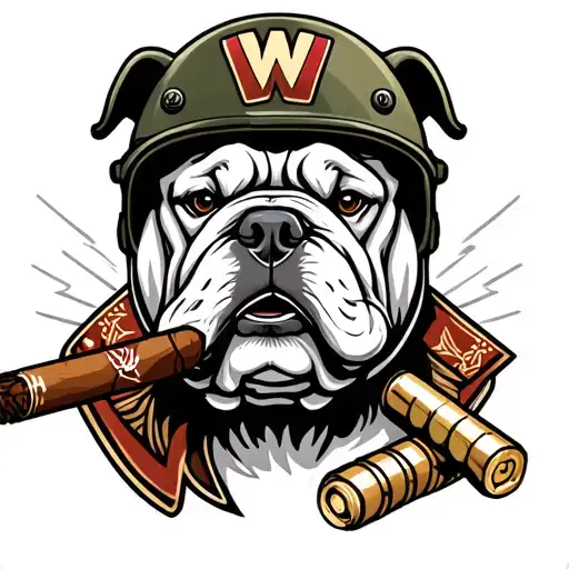 American traditional bulldog with w2 helmet and ammo on it with cigar in his mouth tattoo design idea
