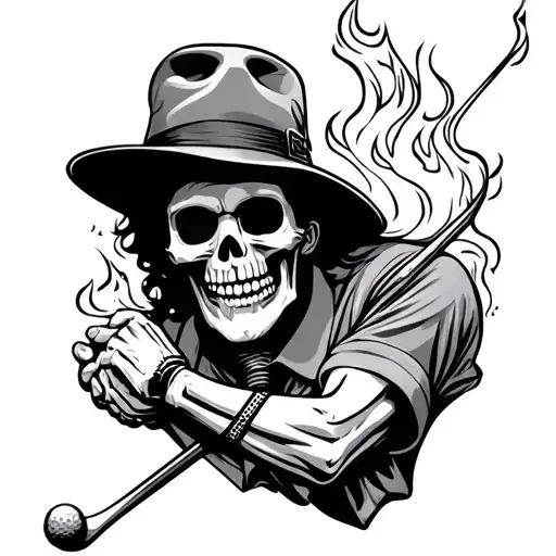 Grandfather golfing skeleton and fireball whiskey tattoo design idea