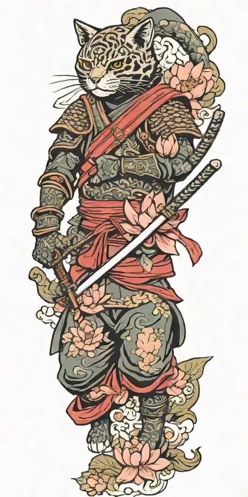 ninja cat holding katana, helmet, water, lotus, sakura, peony, clouds, whirlpool, leaves tattoo design idea