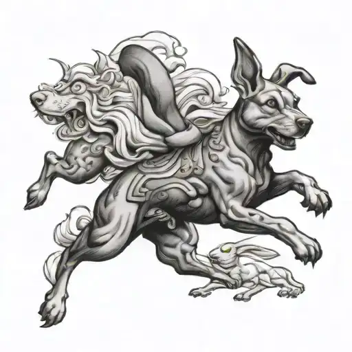 dog chasing rabbit tattoo design idea