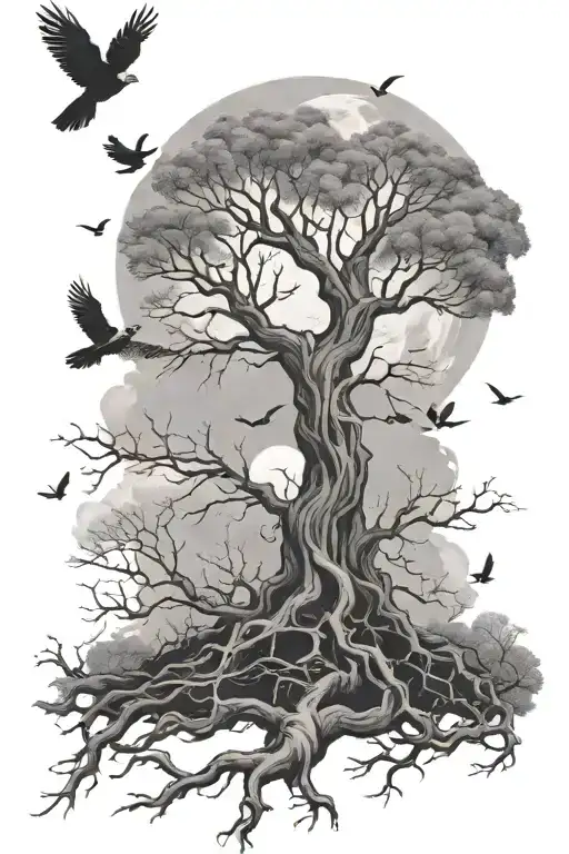 posion tree with roots no leaves moon with birds flying  tattoo design idea