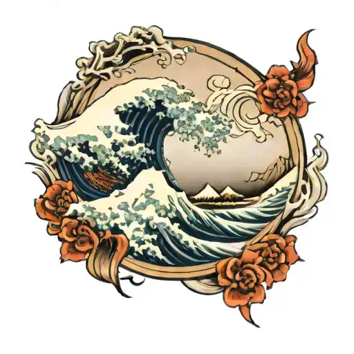 the great wave without fuji in the background shaded tattoo design idea
