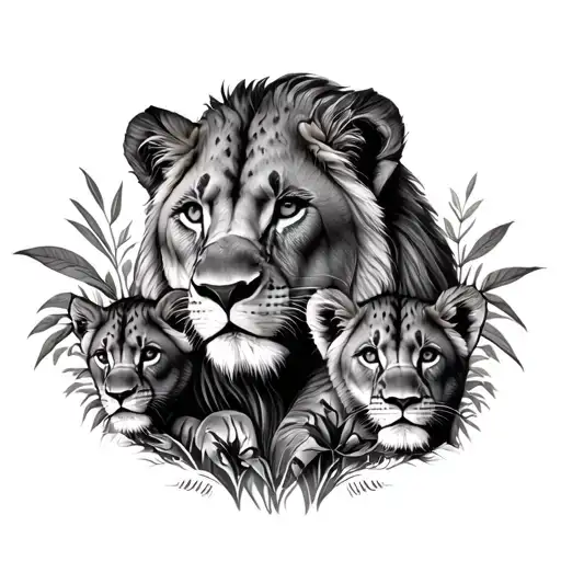 Lioness and 2 cubs face only with plants tattoo design idea