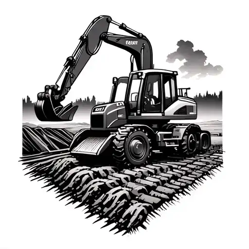 An intricate design featuring an excavator and a tractor working together on a construction site tattoo design idea