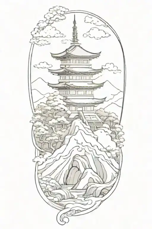 a japanese landscape where there are pagodas sitting on a mountain-like snake tattoo design idea