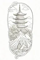 a japanese landscape where there are pagodas sitting on a mountain-like snake tattoo design idea