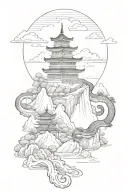 a japanese landscape where there are pagodas sitting on a mountain-like snake tattoo design idea