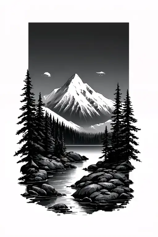 mountain scene with trees, river, lake tattoo design idea