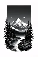 mountain scene with trees, river, lake tattoo design idea
