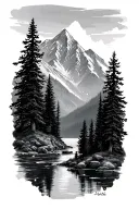 mountain scene with trees, river, lake tattoo design idea