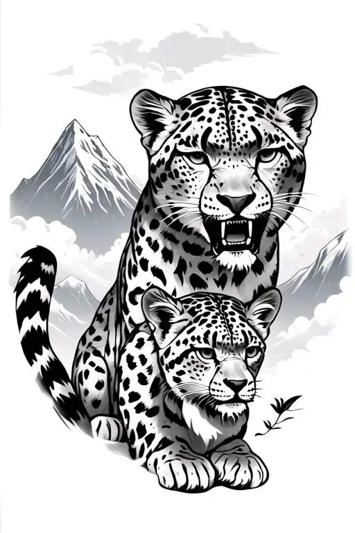 angry Snow leopard and cub in mountains with clouds back and white on shoulder  tattoo design idea