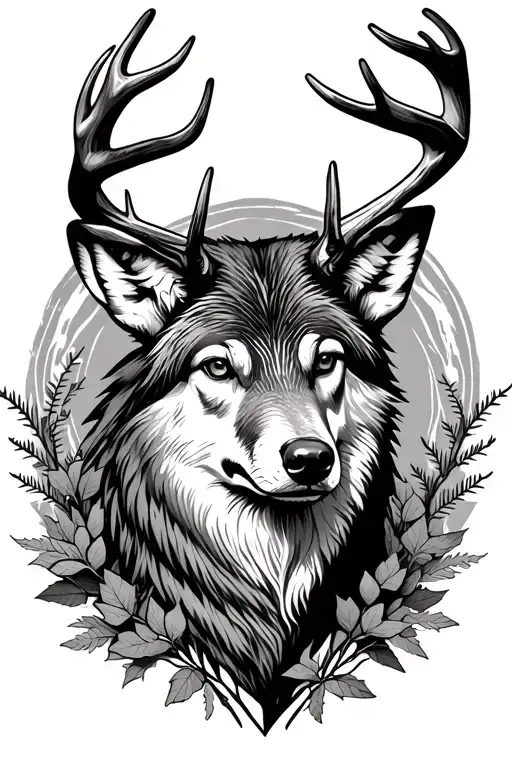 wolf head above a white tail deer buck head surrounded by foliage  tattoo design idea