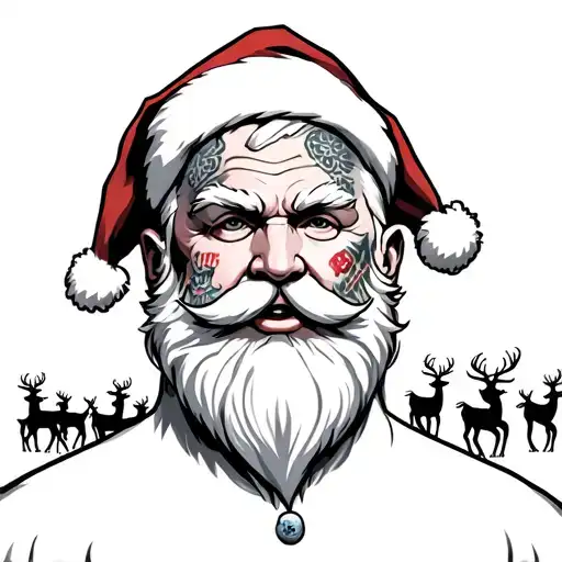Boss of Santa Claus with tattoos and joint in the mouth. In the background elves and reindeer that celebrate. The background not tattoo design idea