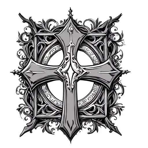 Neo-Gothic cross tattoo, black ink, centered. Ornate frame: filigree, pointed arches, gothic tracery. **Center completel tattoo design idea