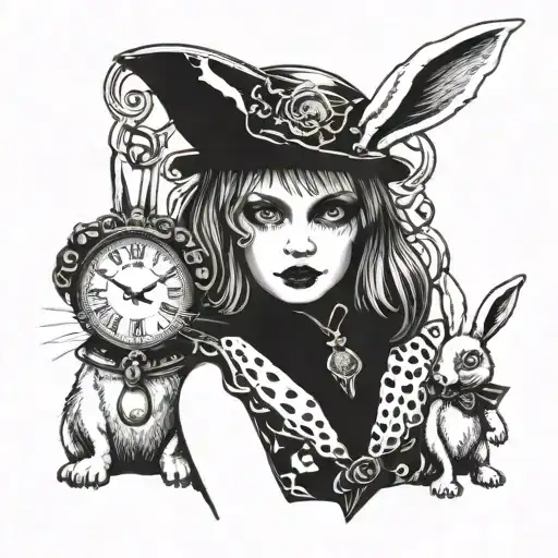Sexy Alice in Wonderland wearing collar with locket tag in front of evil white rabbit holding key and leash tattoo design idea