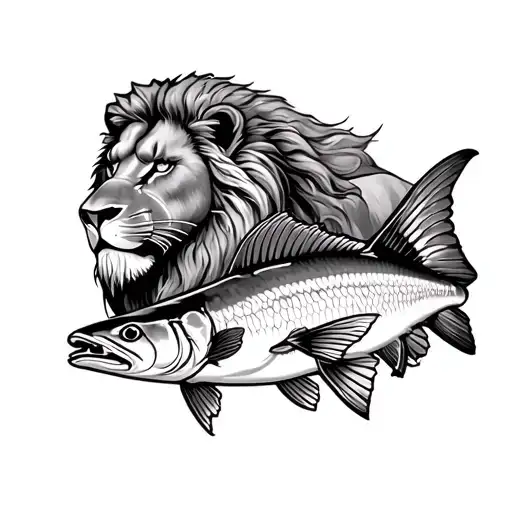 sleeve tattoo of a lion and snook and cobia and permit and god tattoo design idea