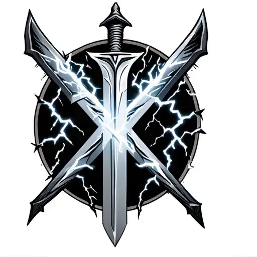 A sword and a Warhammer that form and 'X'. The sword has lightning arcs and the Warhamer has the boom of thnuder. tattoo design idea