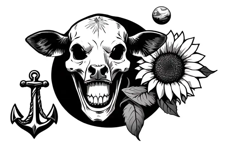 laughing cow, planet, skull, anchor, sunflower tattoo design idea