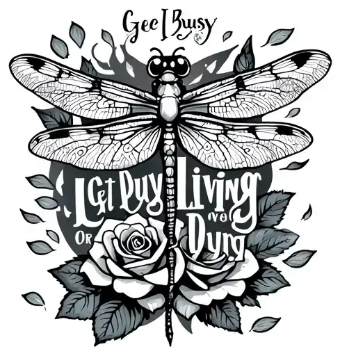 a dragonfly flying through the words Get Busy Living Or Get Busy Dying with rose petals  tattoo design idea
