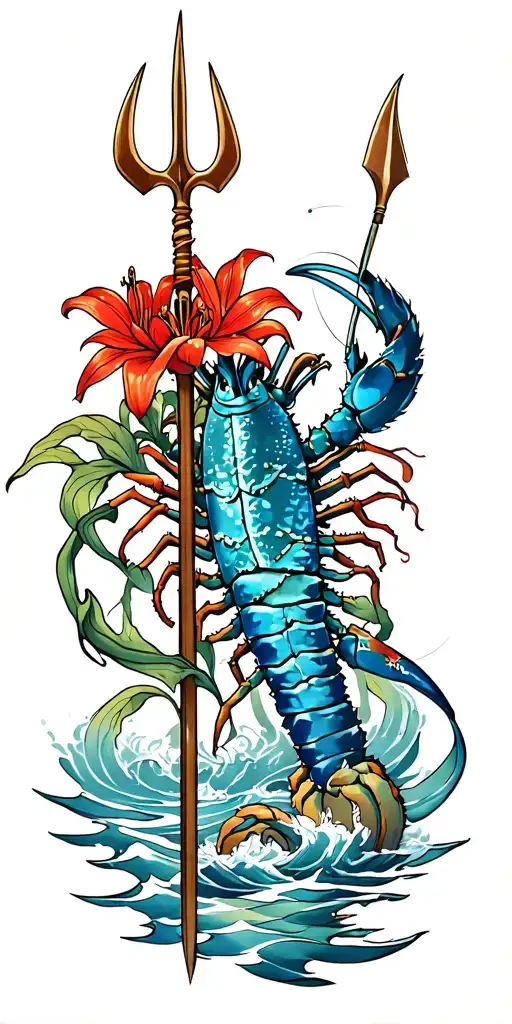 Poseidon with a  trident, have a  blue lobster in there and add red spider lilly flower tattoo design idea