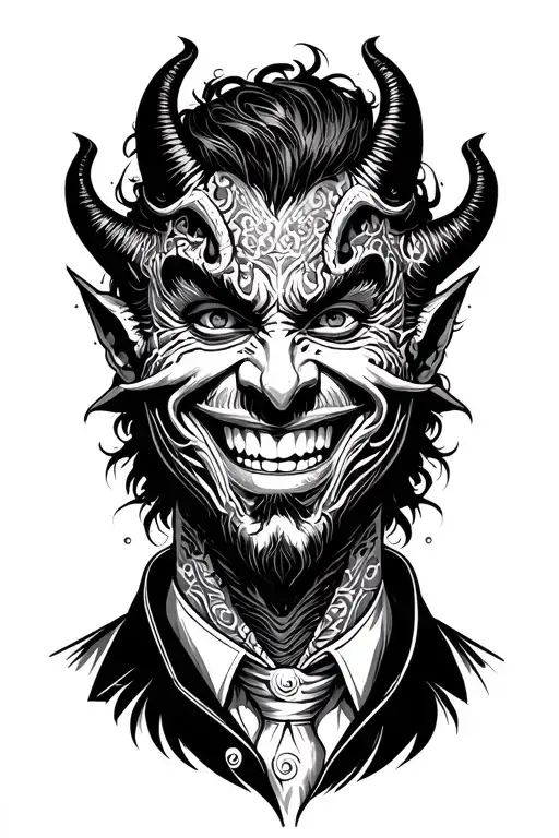 A person who has an evil demon instead of his face, he must take a man's mask with a cheerful smile tattoo design idea