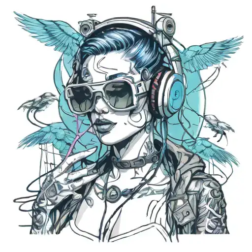 cyberpunk woman tattoos headphones rave music cables sexy sunglasses tattoo design idea