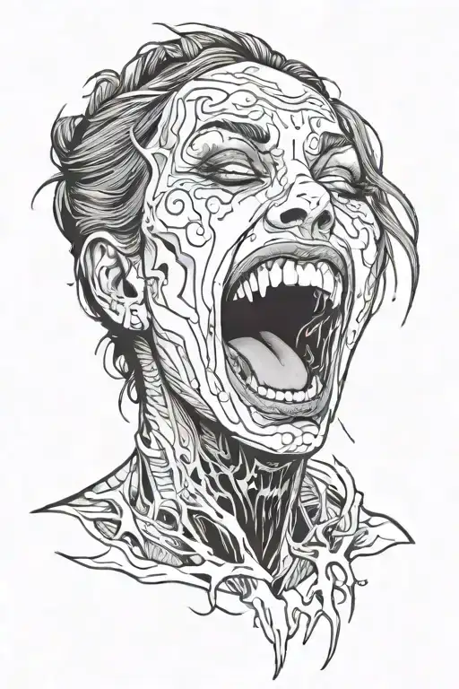 a young scary woman whose face is mutilated and she is screaming tattoo design idea