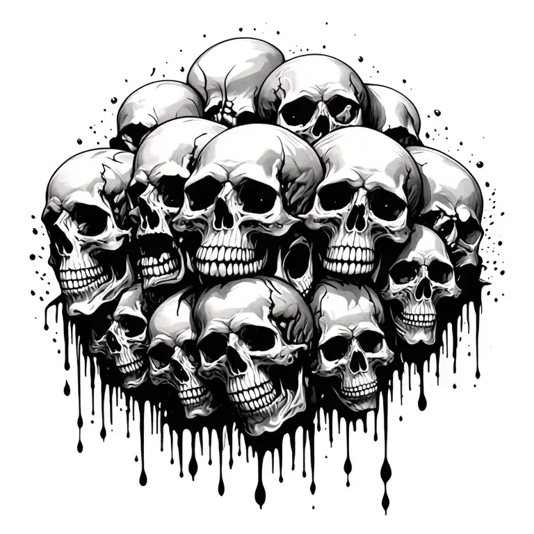 multiple skulls cascading together, melting together in places , shadows, , black and white, no color tattoo design idea