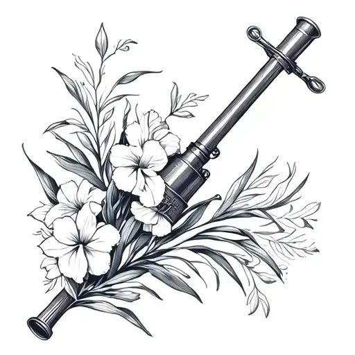 A minimalist design of an Arsenal cannon intertwined with gladioli flowers tattoo design idea