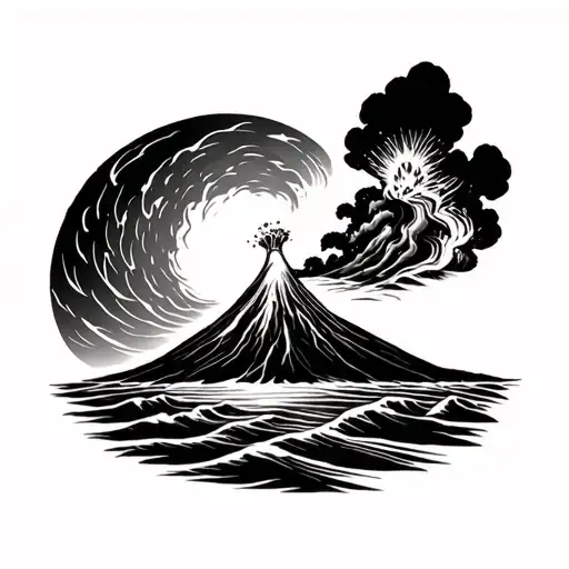 The Ile of Reunion with a cyclone on the left and the volcano in eruption tattoo design idea