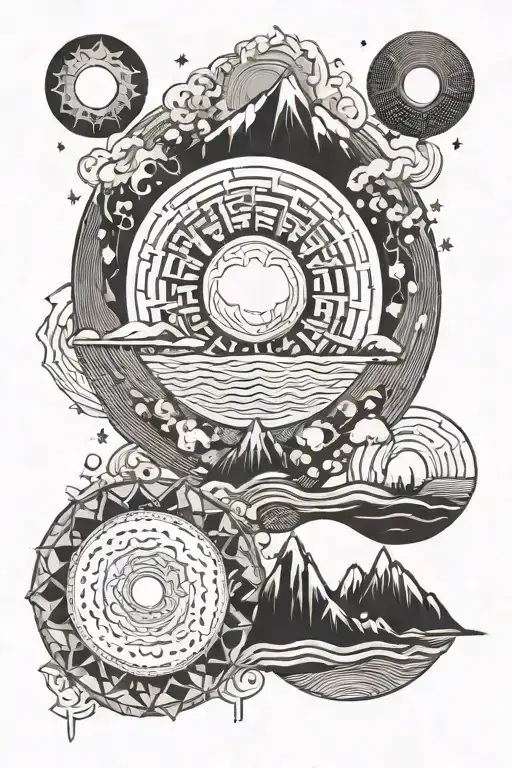 moon sun mountains tattoo design idea