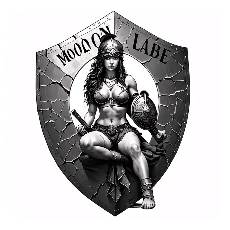 black and white spartin woman warrior sitting on a cracked battle shield  inscribed with MOLON LABE tattoo design idea