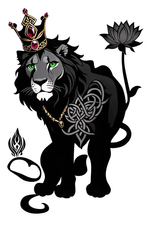 female lion with green eyes, ruby necklace, Celtic knot crown and a water lily tattoo design idea