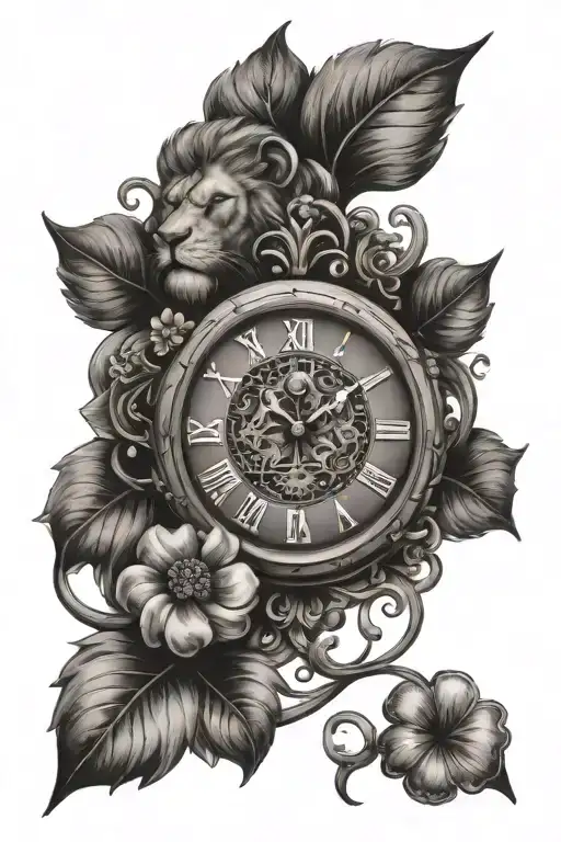 clock with a lion and a 4-leaf clover tattoo design idea