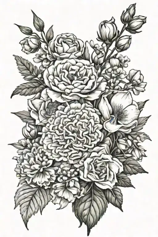 bouquet of flowers carnation, daffodil, sweet pea, hawthorn, marigold, cosmos, peony and narcissus  tattoo design idea