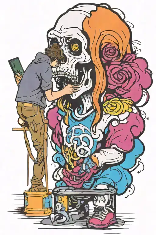 standing graffiti artist creating a masterpiece. replace human head for st Bernard head. holding a marker pen tattoo design idea