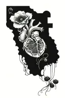 abstract design human heart, poppies, anemones, mushrooms, music, love tattoo design idea