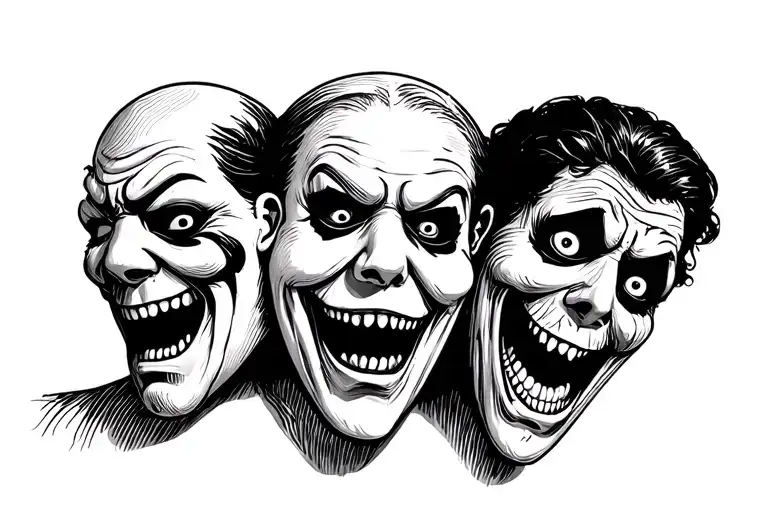three comedy tragedy masks. the left maniacally angry. the right dementedly sad. the middle creepy smiling tattoo design idea