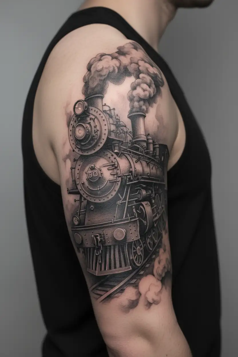steam train tattoo design idea