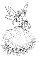 fairy flying. wearing a Christmas style dress holding a present with flowers at the bottom of Christmas type flowers.  tattoo design idea