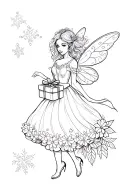 fairy flying. wearing a Christmas style dress holding a present with flowers at the bottom of Christmas type flowers.  tattoo design idea